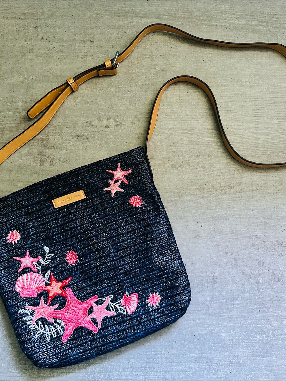 Vera Bradley Navy Sea Life Straw Crossbody with Pink Shell & Starfish Embroidery